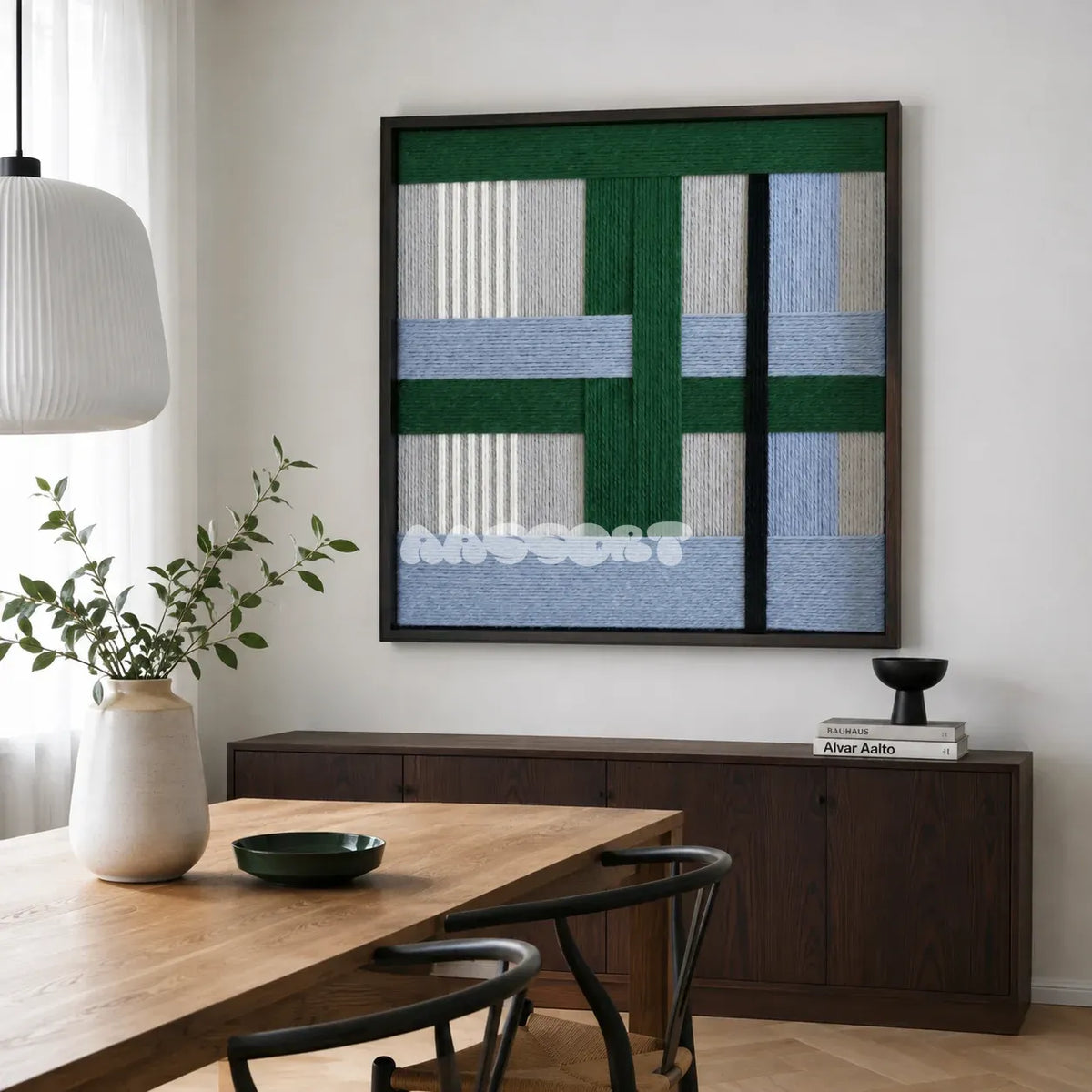 Polar Forest SQ094 abstract textile artwork with white and gray tones accented by forest green and misty blue.