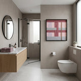 Bloom Forecast SQ095 framed textile art styled in a contemporary bathroom with a light wood vanity and neutral stone.
