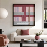 Bloom Forecast SQ095 framed textile art with dusty rose, soft pink, ash gray, mauve, and toasted tan yarn layers.