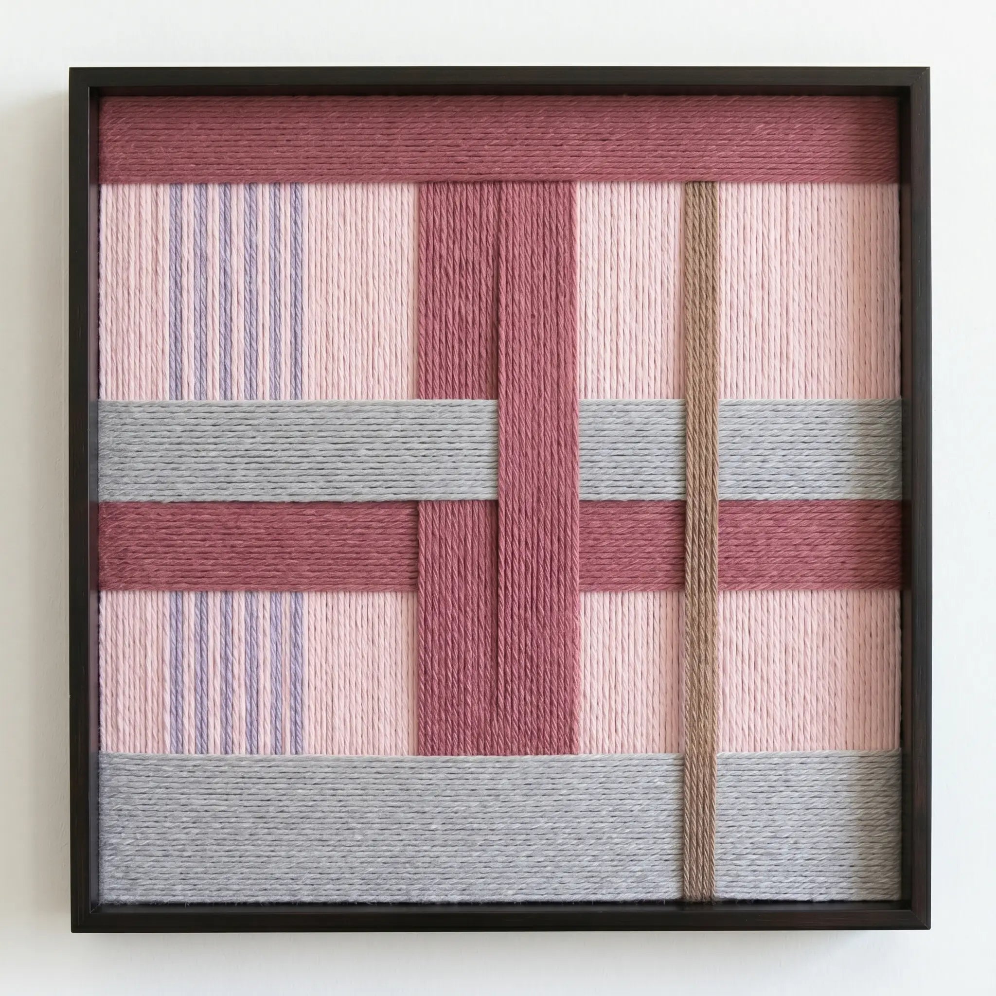 Front view of Bloom Forecast SQ095 geometric yarn wall art in a black square frame on a white background.