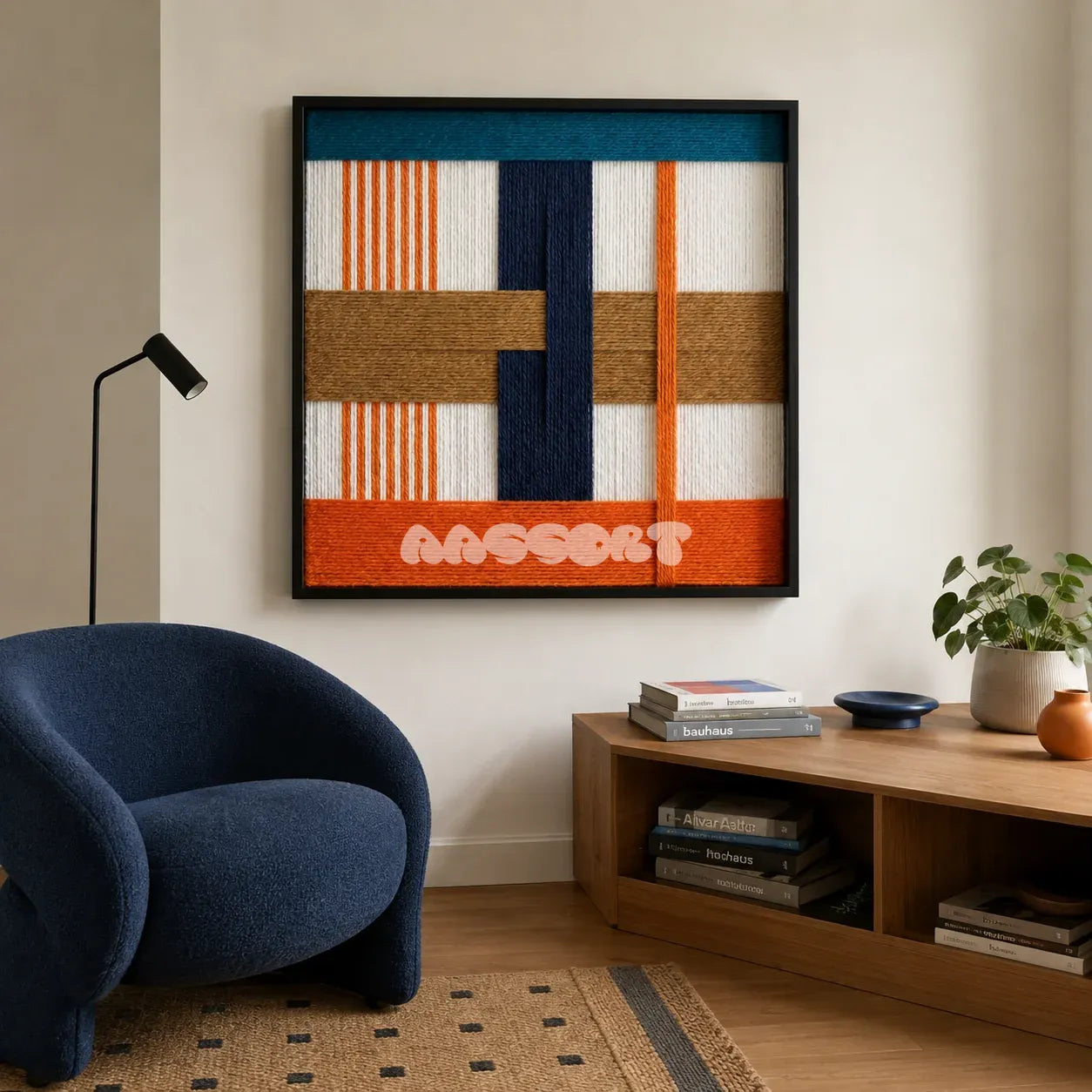 Orange Midsummer SQ096 framed textile art with white, peacock blue, citrus orange, navy, and golden tan yarn layers.
