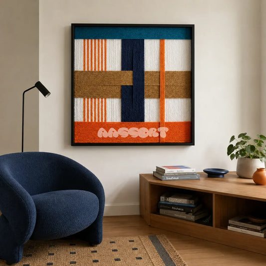 Orange Midsummer SQ096 framed textile art with white, peacock blue, citrus orange, navy, and golden tan yarn layers.
