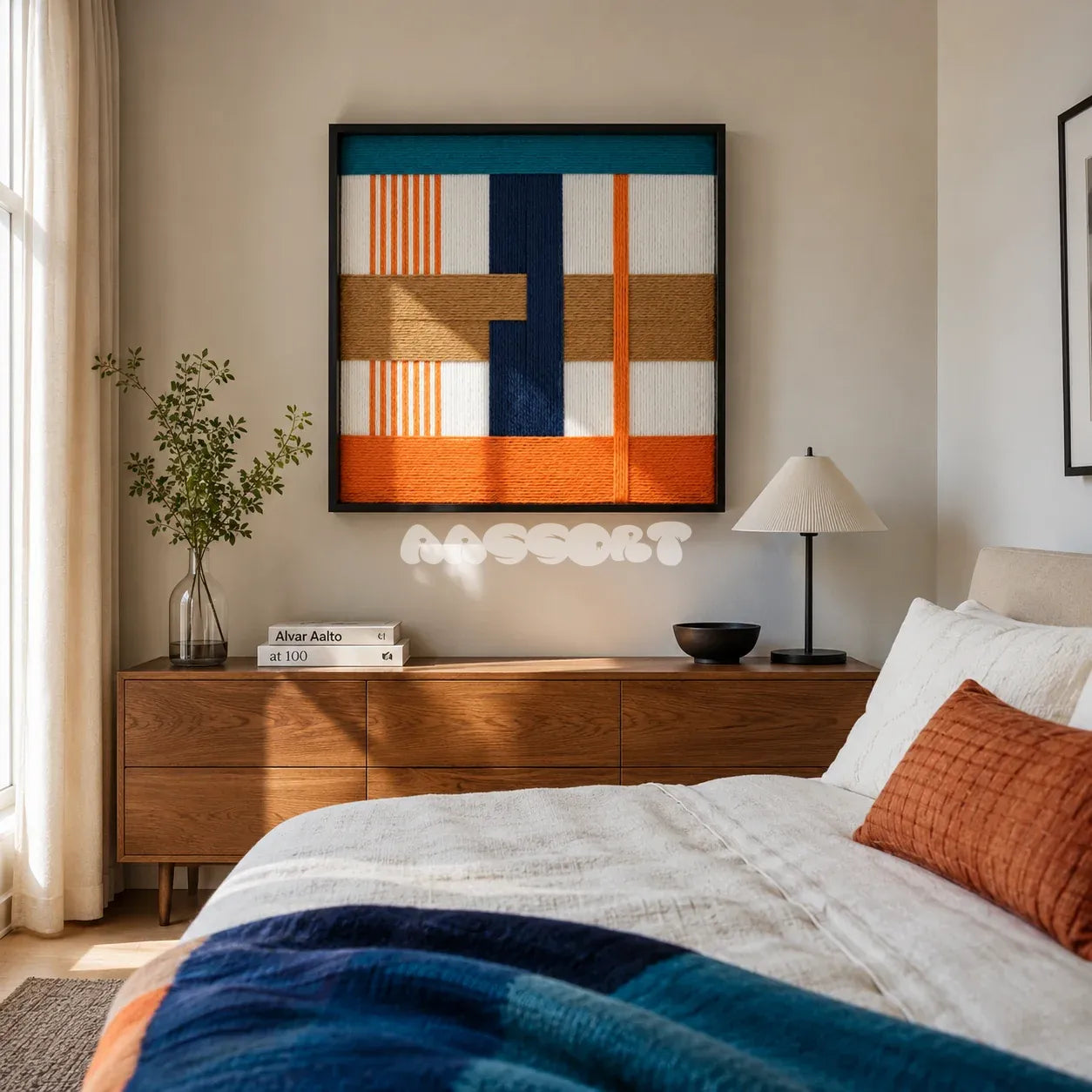 Orange Midsummer SQ096 geometric textile wall art displayed as a vibrant modern interior statement piece.