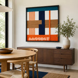 Orange Midsummer SQ096 framed fiber artwork featuring overlapping blue and orange geometric yarn blocks.