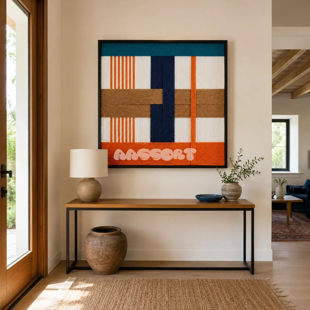 Orange Midsummer SQ096 modern geometric yarn wall art in a minimalist framed presentation.