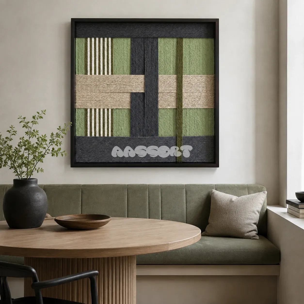 Misty Forest SQ097 framed textile art with off-white, warm beige, sage green, charcoal, and moss green yarn layers.