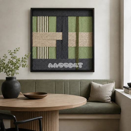 Misty Forest SQ097 framed textile art with off-white, jute tan, sage green, charcoal, and moss green yarn layers.