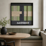 Misty Forest SQ097 framed textile art with off-white, warm beige, sage green, charcoal, and moss green yarn layers.