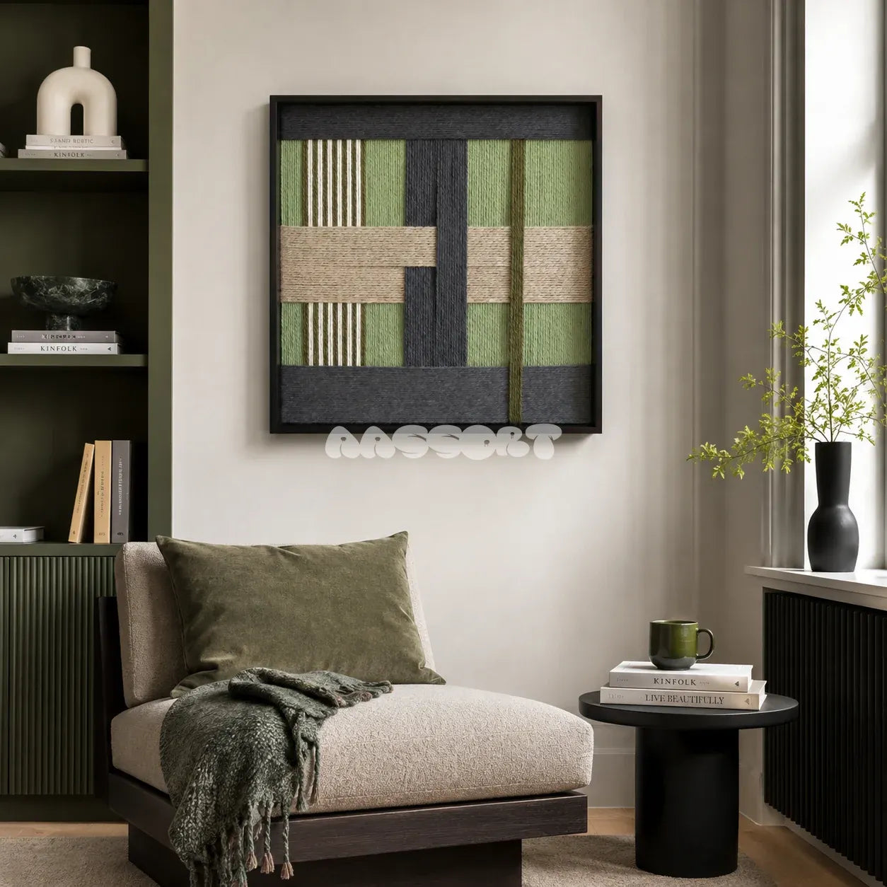 Misty Forest SQ097 geometric textile wall art displayed as a calm organic modern interior statement piece.