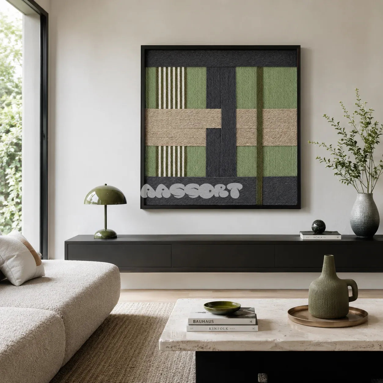 Misty Forest SQ097 framed fiber artwork featuring overlapping sage, tan, and charcoal geometric yarn blocks.