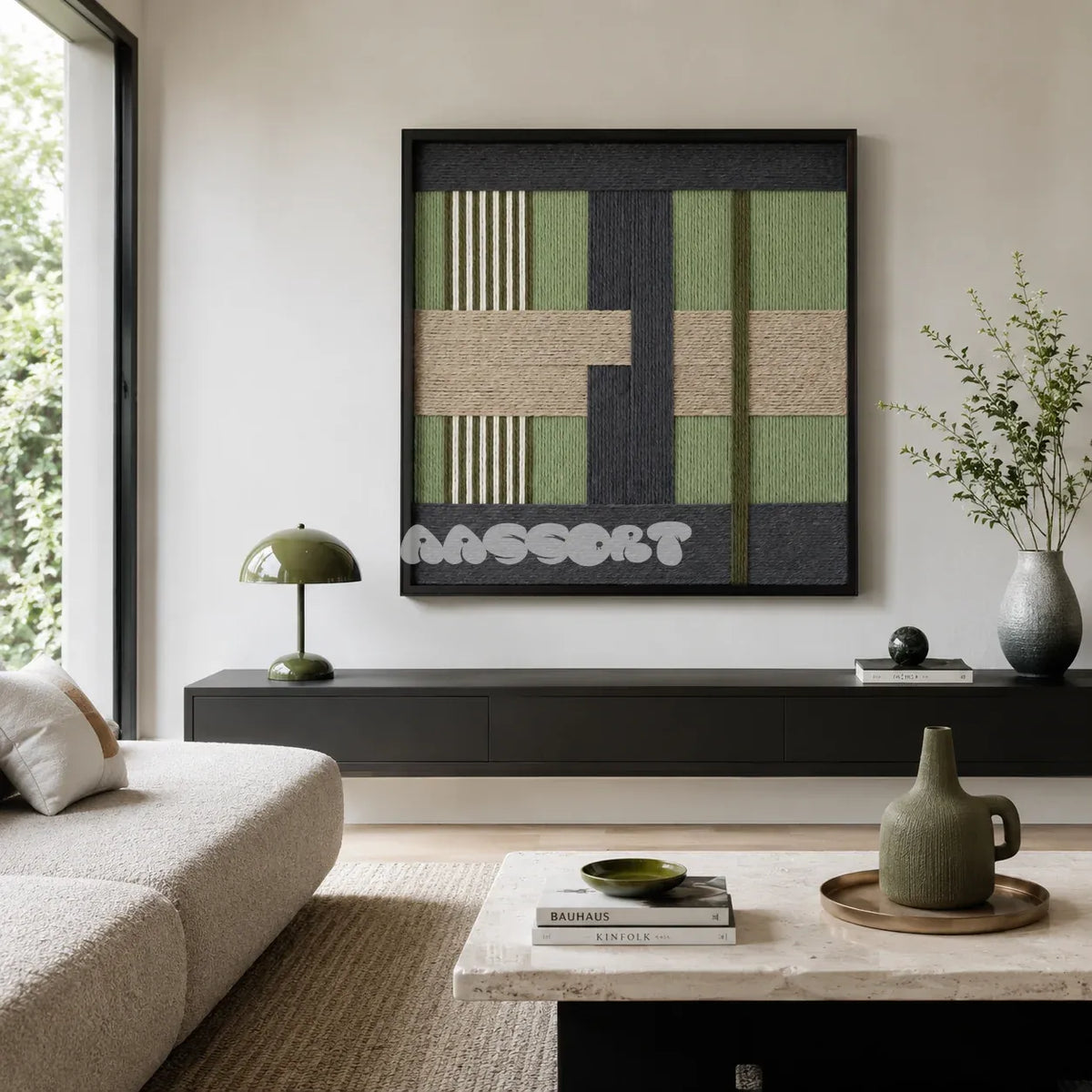 Misty Forest SQ097 framed fiber artwork featuring overlapping sage, tan, and charcoal geometric yarn blocks.