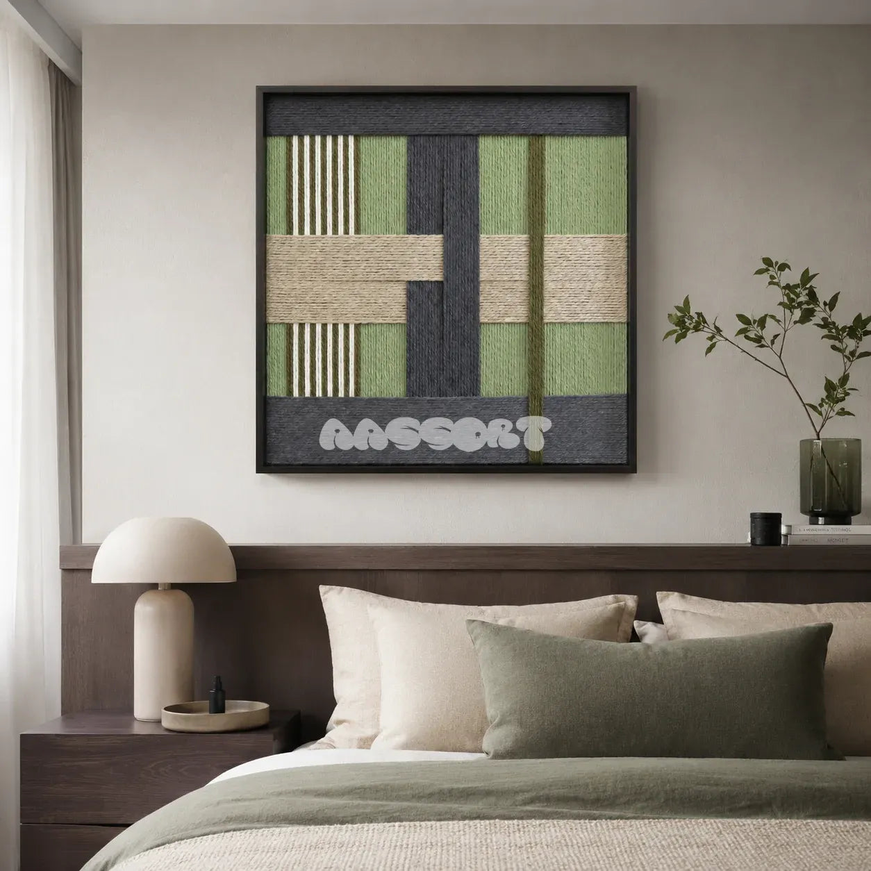 Misty Forest SQ097 abstract textile artwork with off-white and warm beige tones accented by sage and moss green.