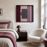 Burgundy Overture SQ098 framed textile art with deep wine, dusty rose, mauve, slate gray, and white yarn layers.