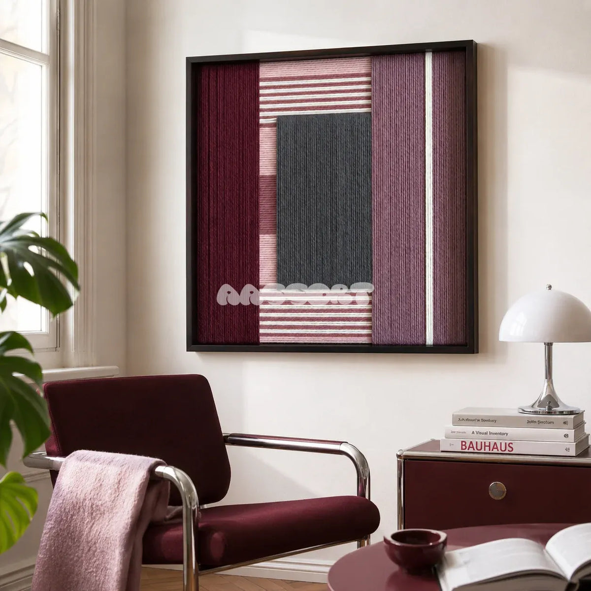 Burgundy Overture SQ098 framed fiber artwork featuring layered burgundy, mauve, and gray geometric yarn blocks.