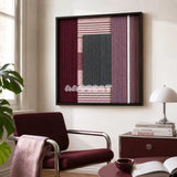 Burgundy Overture SQ098 framed fiber artwork featuring layered burgundy, mauve, and gray geometric yarn blocks.