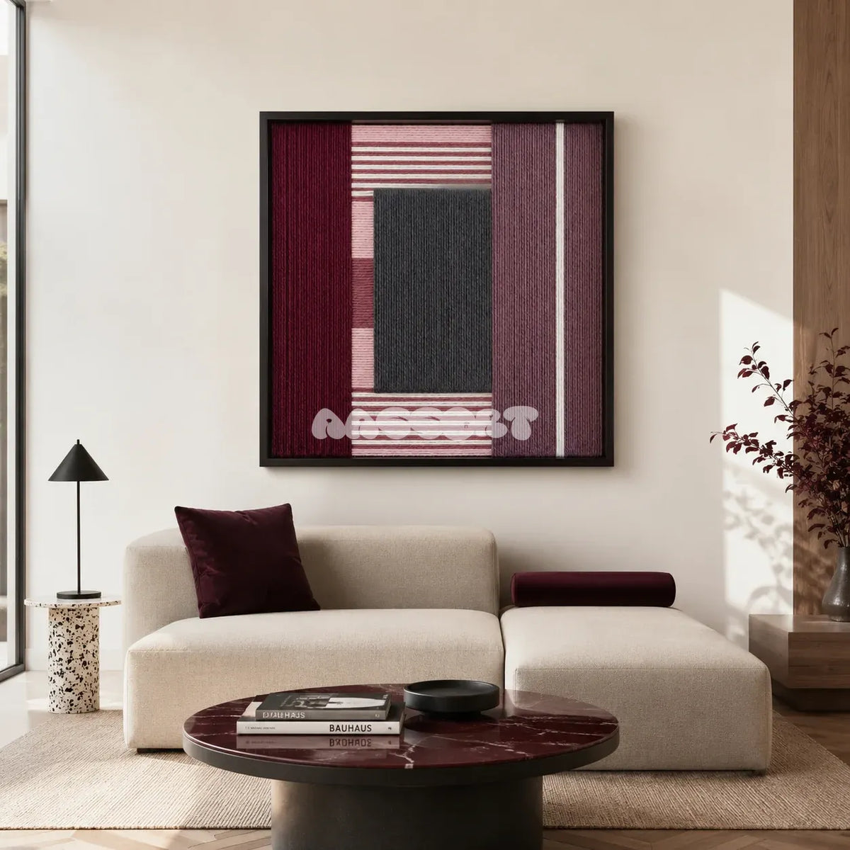 Burgundy Overture SQ098 modern geometric yarn wall art in a minimalist framed presentation.