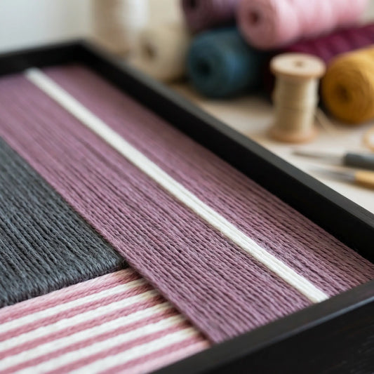 Macro view of Burgundy Overture SQ098 showing deep plum, charcoal gray, and striped pink hand-wrapped yarn texture.