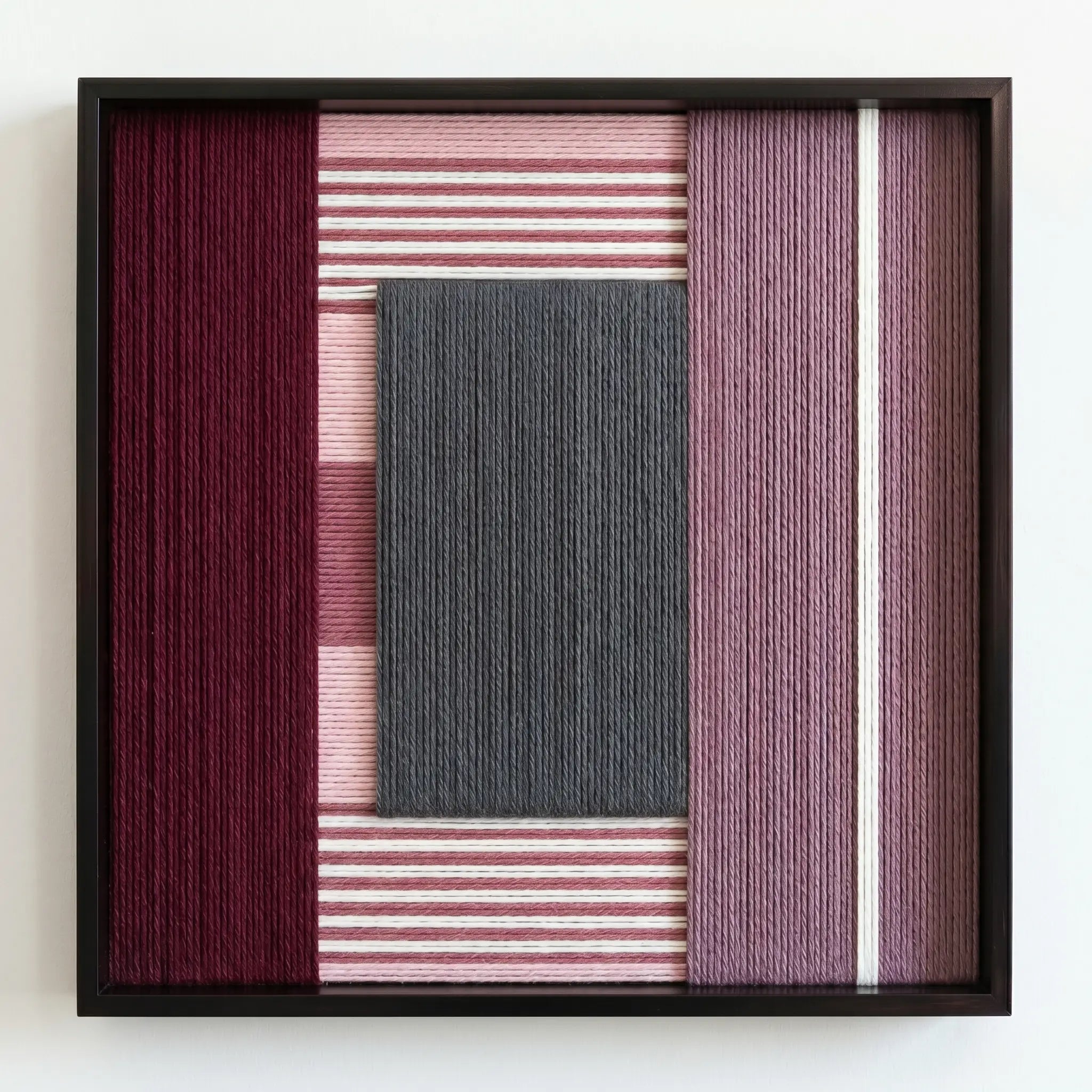 Front view of Burgundy Overture SQ098 geometric yarn wall art in a black square frame on a white background.