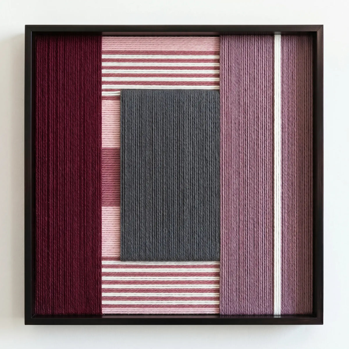 Front view of Burgundy Overture SQ098 geometric yarn wall art in a black square frame on a white background.