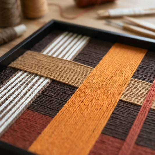 Angled studio view of Sunlit Symphony SQ099 highlighting multi-directional hand-wrapped yarn craftsmanship.