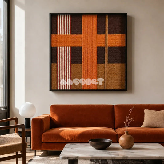 Sunlit Symphony SQ099 framed textile art with cream, vibrant orange, terracotta, umber, and toasted sand yarn layers.