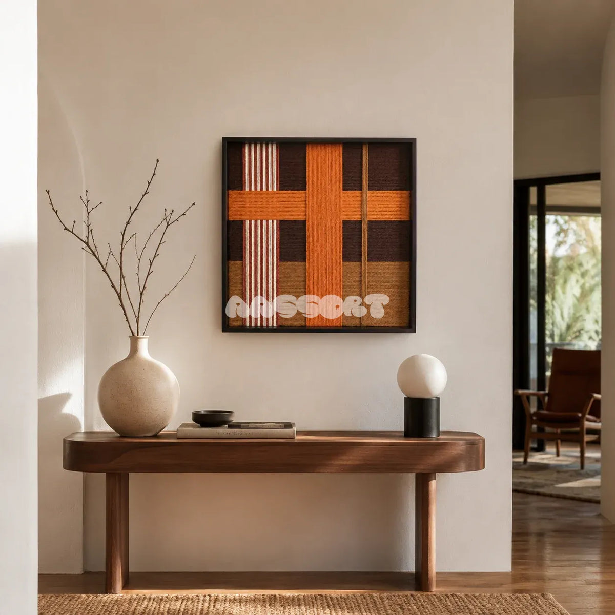 Sunlit Symphony SQ099 geometric textile wall art displayed as a radiant modern interior statement piece.