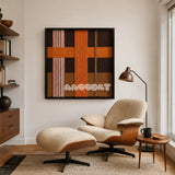 Sunlit Symphony SQ099 framed fiber artwork featuring layered orange, cream, and earth-toned geometric yarn blocks.