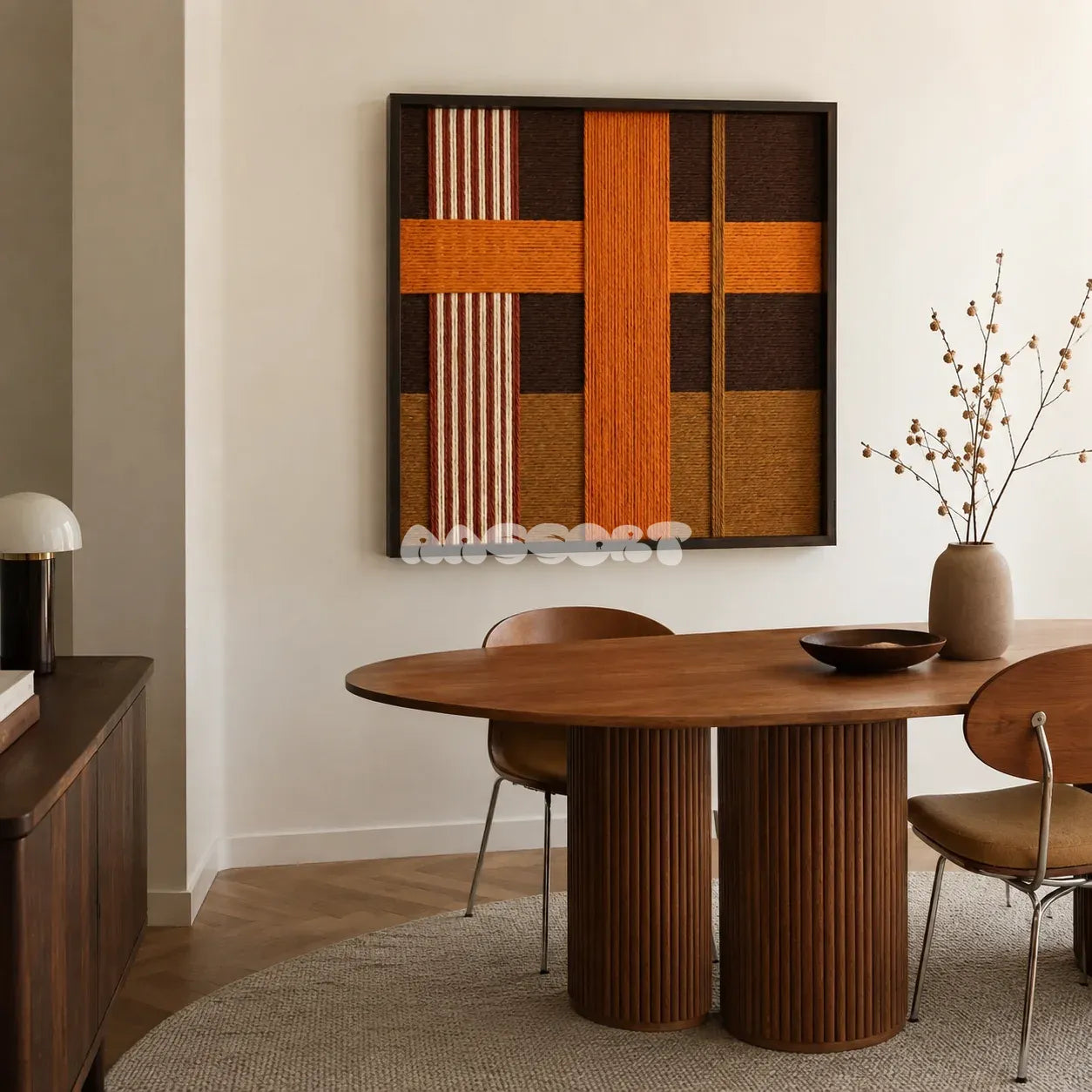 Sunlit Symphony SQ099 modern geometric yarn wall art in a minimalist framed presentation.
