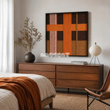 Sunlit Symphony SQ099 abstract textile artwork with vibrant orange and cream accents over terracotta and umber.