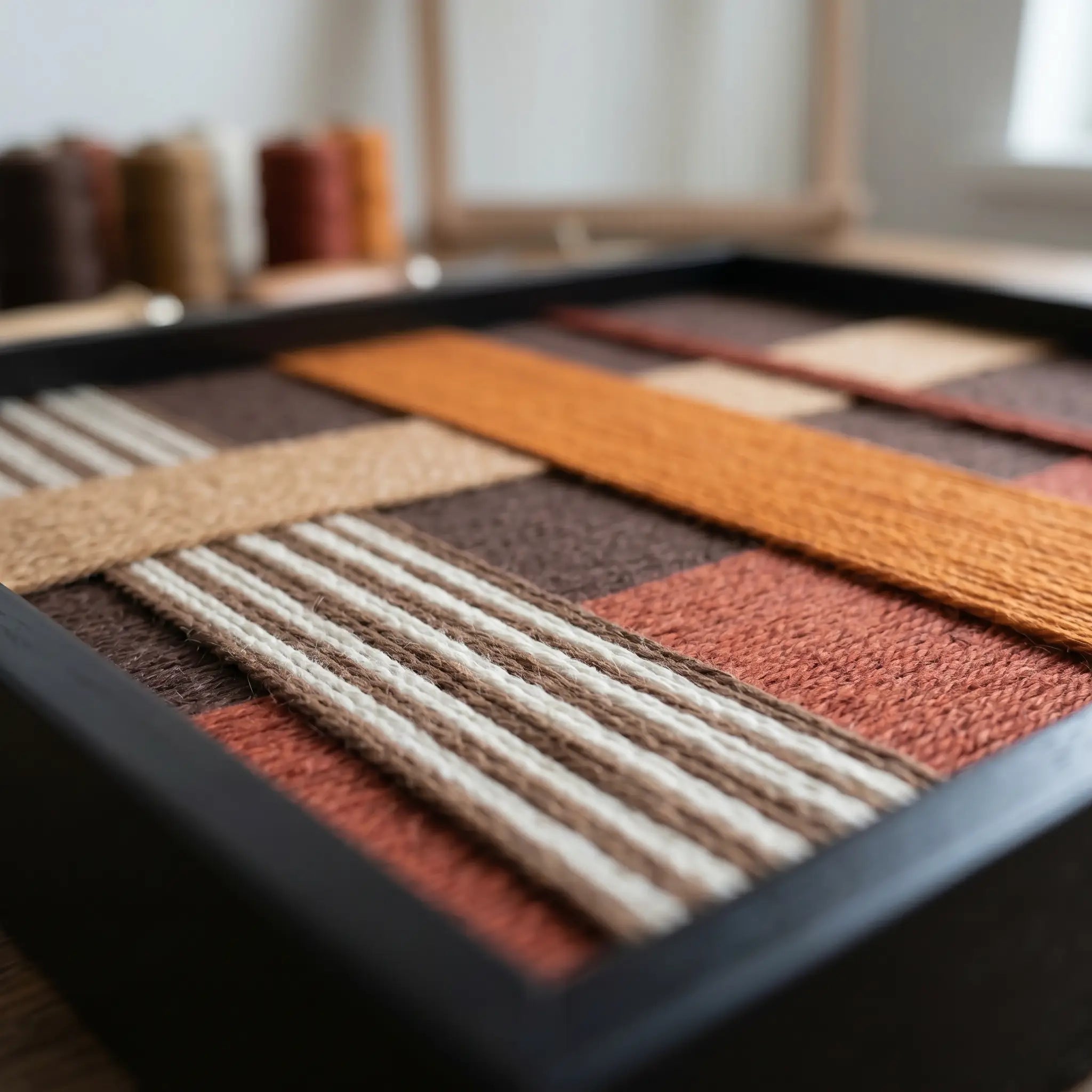 Close-up of Sunlit Symphony SQ099 showing orange, terracotta, and brown interlocking soft cotton cord texture.