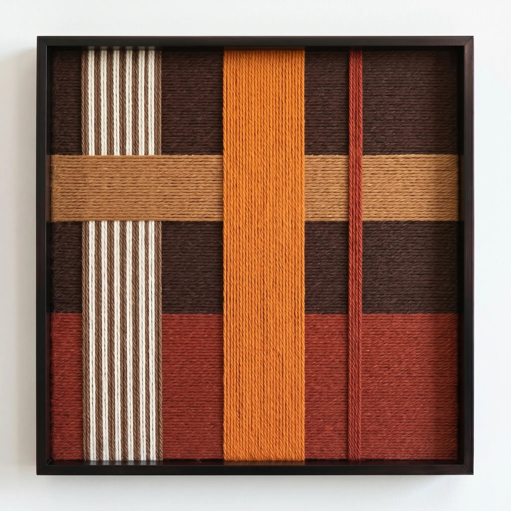 Front view of Sunlit Symphony SQ099 earth-toned geometric yarn wall art in a black frame on a white background.