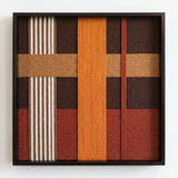 Front view of Sunlit Symphony SQ099 earth-toned geometric yarn wall art in a black frame on a white background.
