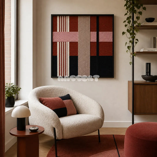 Flower-Bed Secrets SQ100 framed textile art with off-white, dusty rose, mauve, terracotta, and black yarn layers.
