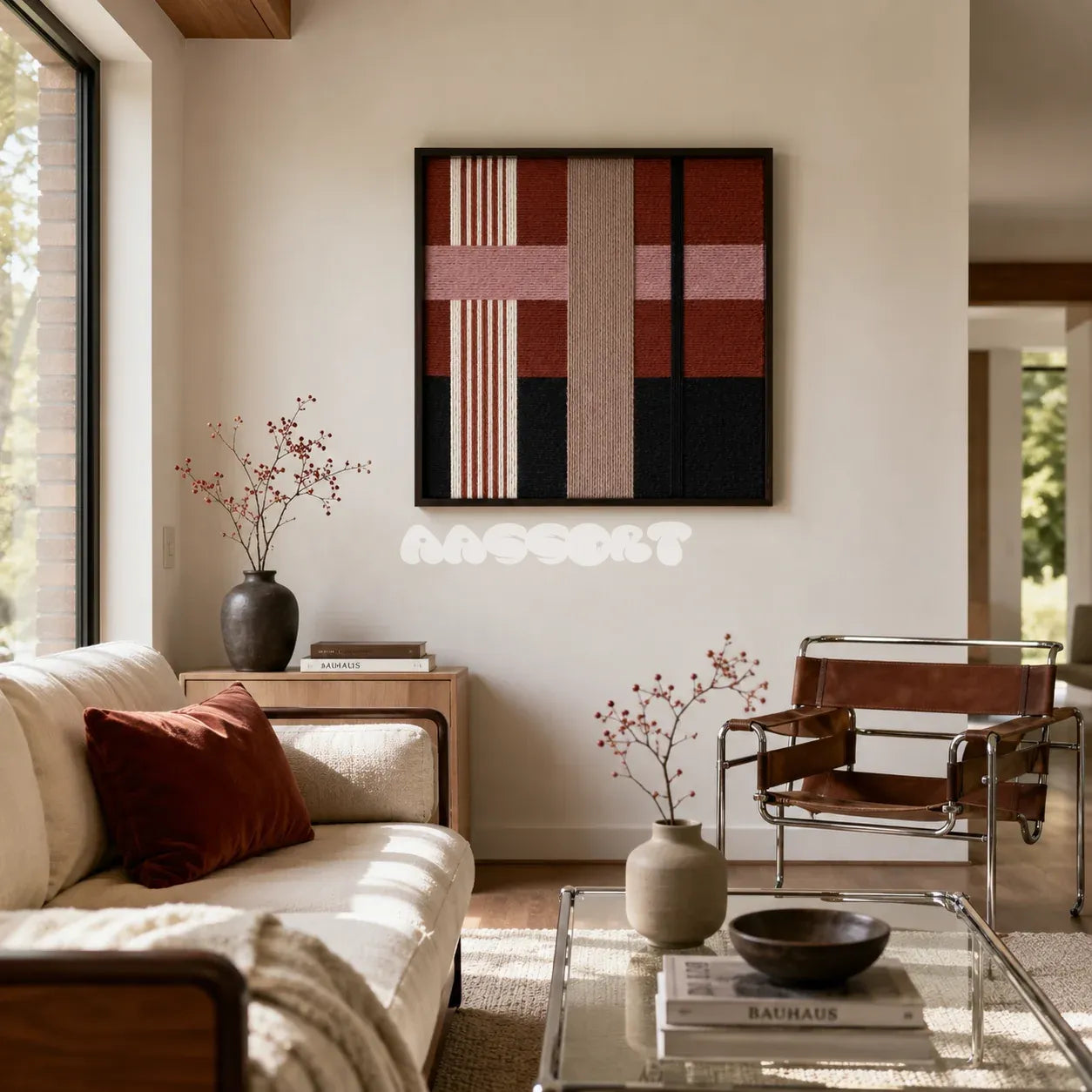 Flower-Bed Secrets SQ100 framed fiber artwork featuring layered rose, mauve, terracotta, and black geometric yarn blocks.