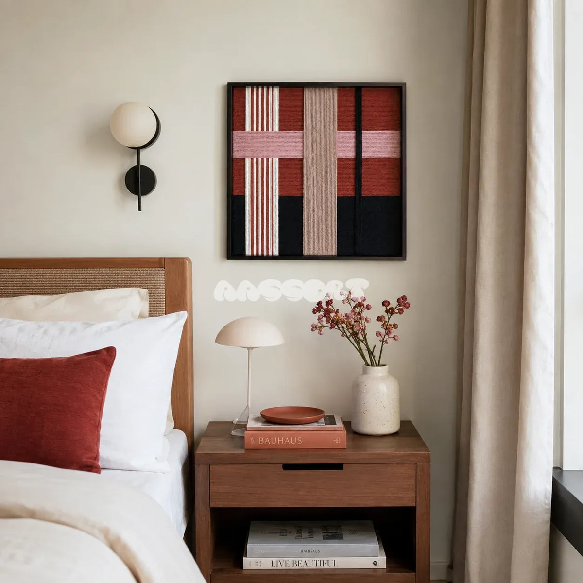 Flower-Bed Secrets SQ100 abstract textile artwork with dusty rose and mauve tones accented by terracotta and black.