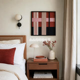 Flower-Bed Secrets SQ100 abstract textile artwork with dusty rose and mauve tones accented by terracotta and black.
