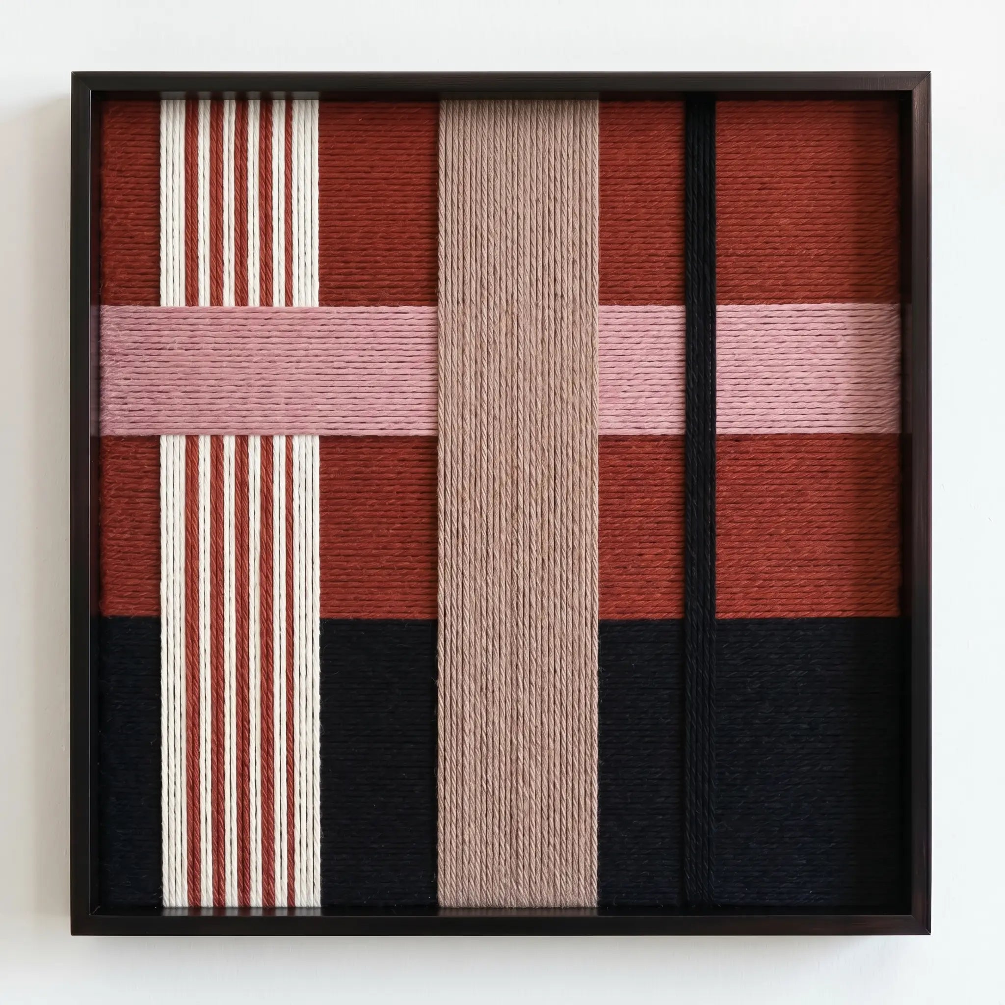 Front view of Flower-Bed Secrets SQ100 geometric yarn wall art in a black square frame on a white background.