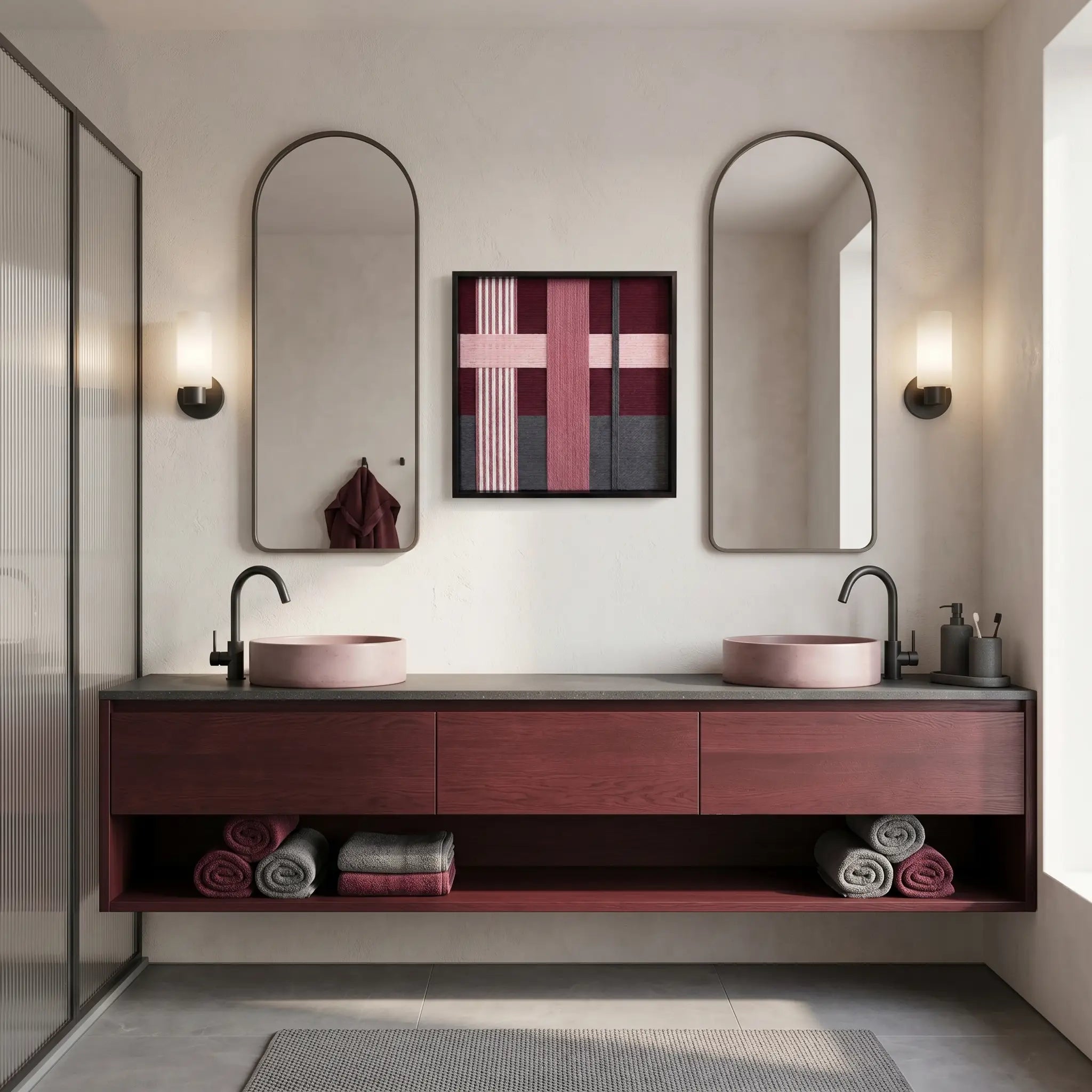Lilac Whispers SQ101 plum and mauve textile wall art styled in a luxury bathroom with a burgundy vanity.