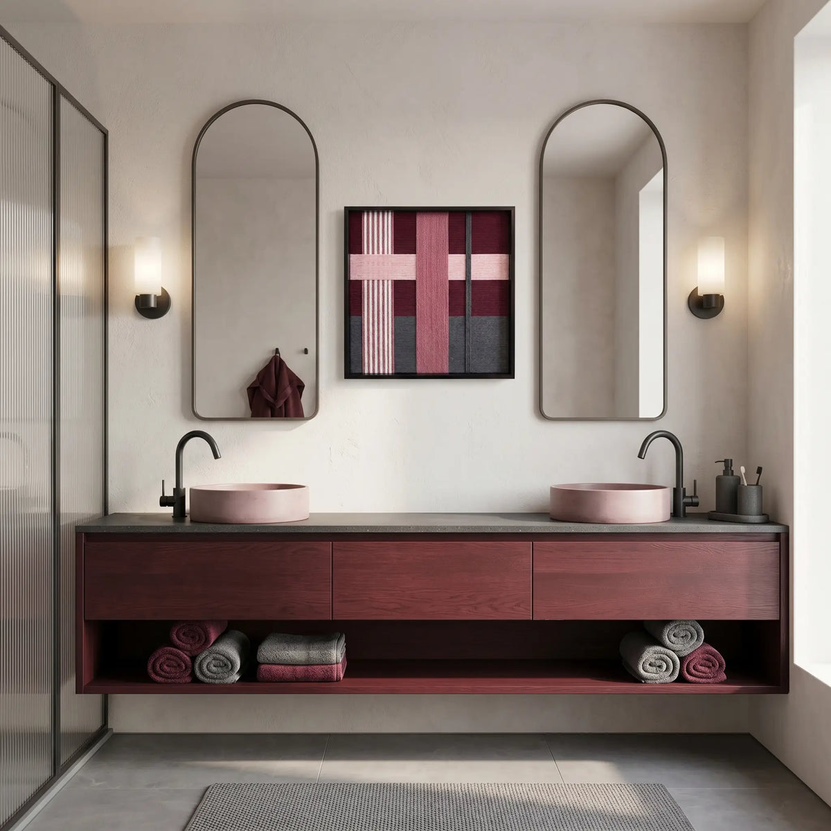 Lilac Whispers SQ101 plum and mauve textile wall art styled in a luxury bathroom with a burgundy vanity.