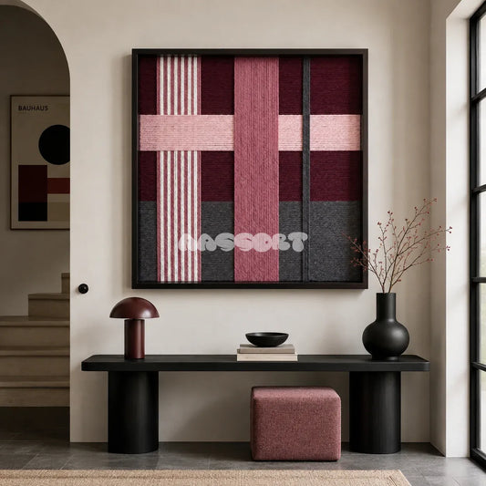 Lilac Whispers SQ101 framed textile art with blush, lilac, burgundy, slate gray, white, and charcoal yarn.