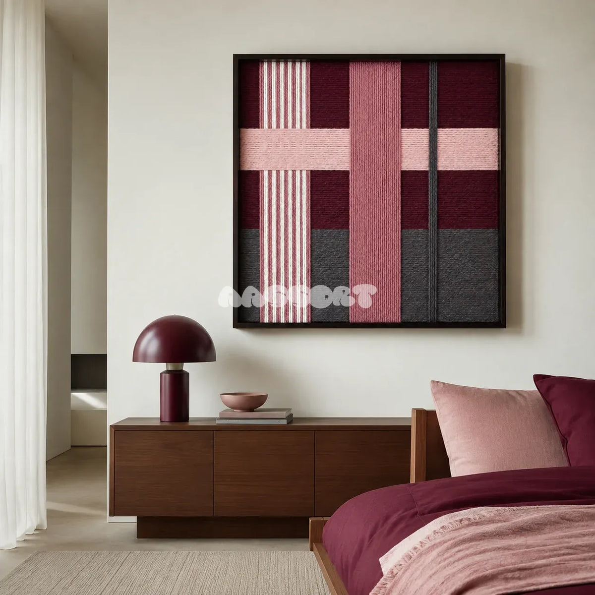 Lilac Whispers SQ101 modern geometric yarn wall art in a minimalist framed presentation.