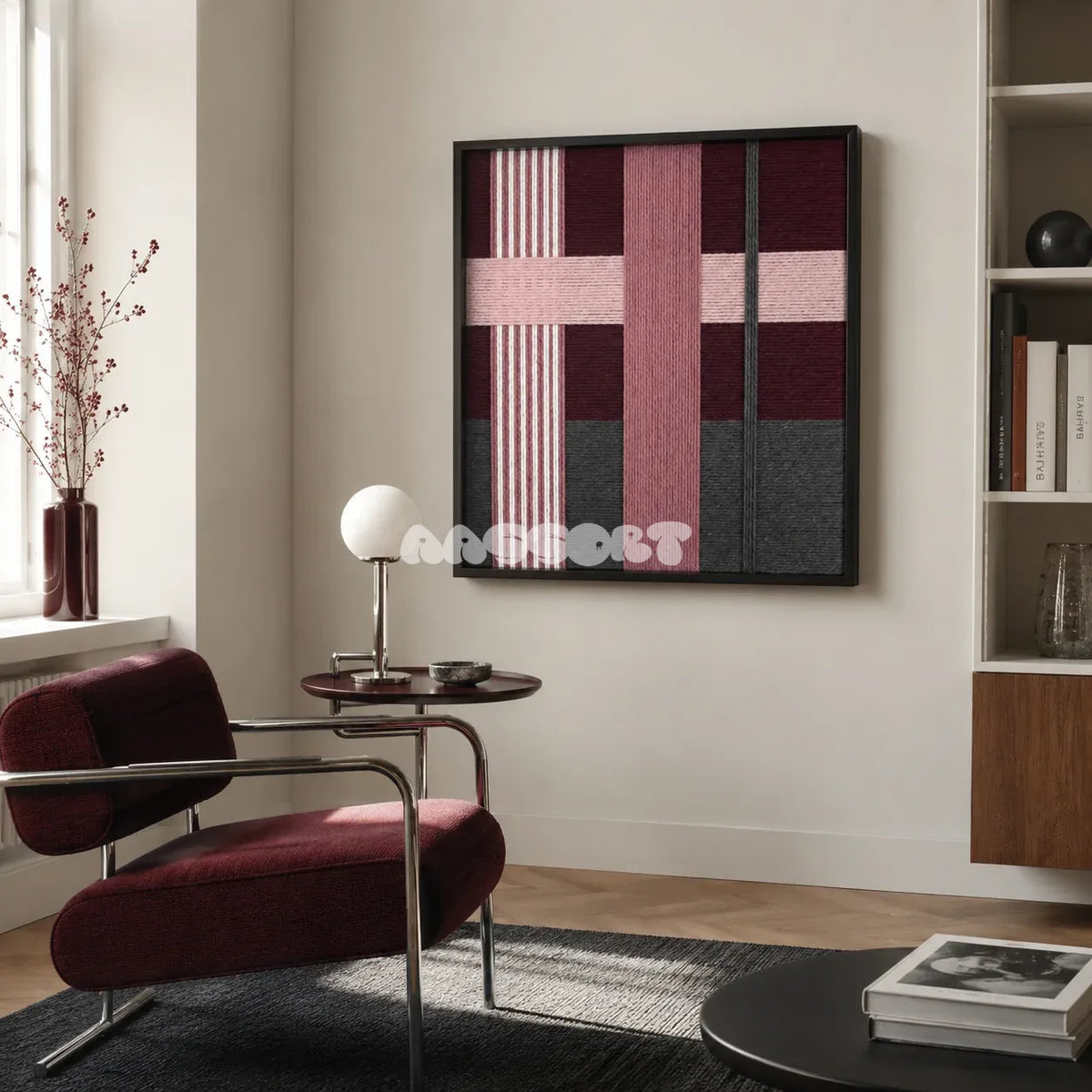 Lilac Whispers SQ101 abstract textile artwork with soft lilac and blush over burgundy and slate gray panels.