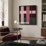Lilac Whispers SQ101 abstract textile artwork with soft lilac and blush over burgundy and slate gray panels.