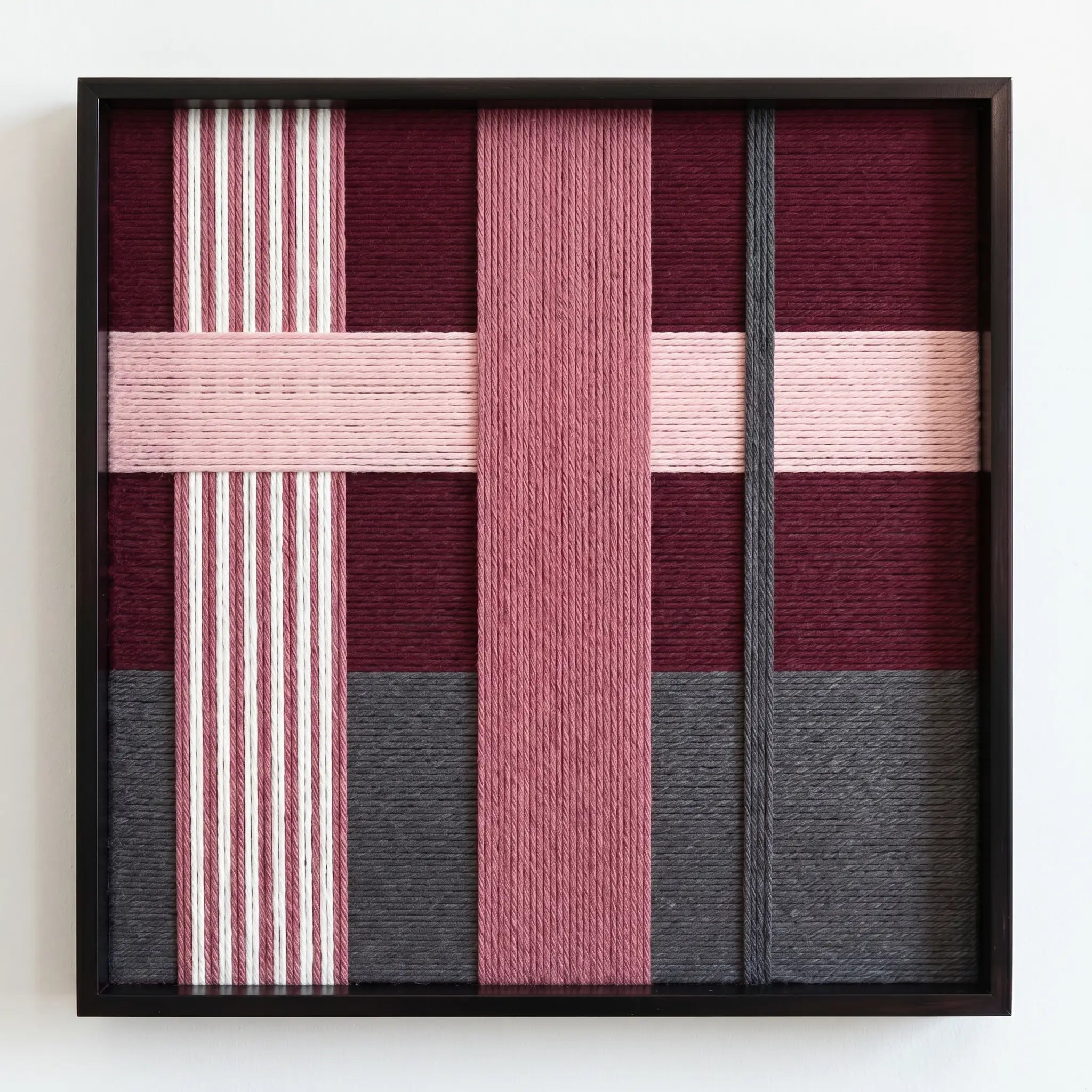 Front view of Lilac Whispers SQ101 geometric yarn wall art in a black square frame on a white background.