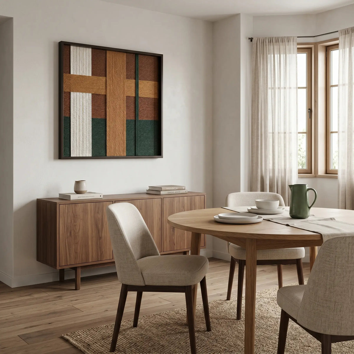 Emerald Fables SQ102 green and terracotta textile wall art styled in a contemporary light oak dining room.