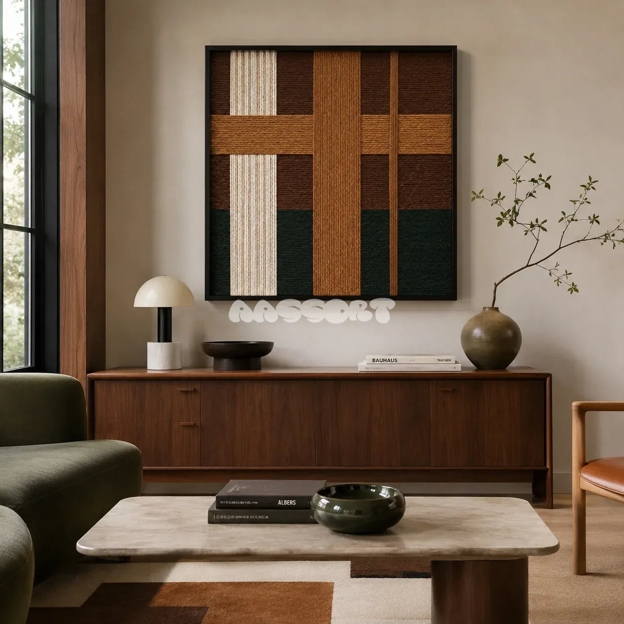 Emerald Fables SQ102 geometric textile wall art displayed as an earthy modern interior statement piece.