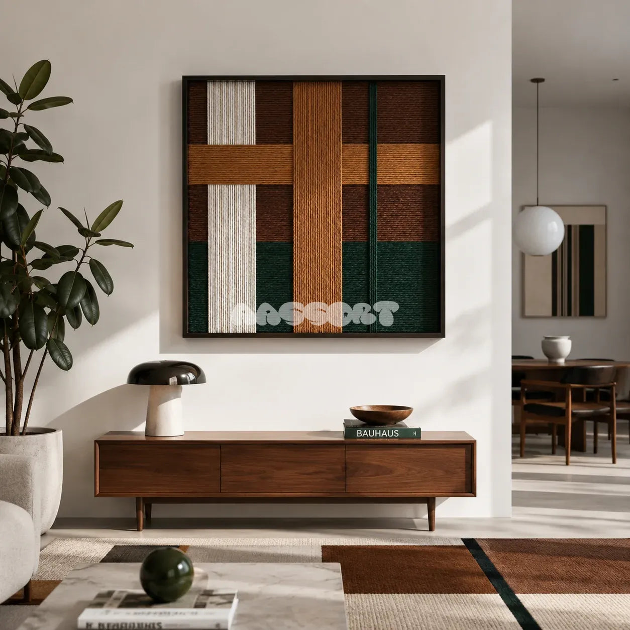 Emerald Fables SQ102 framed fiber artwork featuring interwoven green, caramel, cream, and brown yarn blocks.
