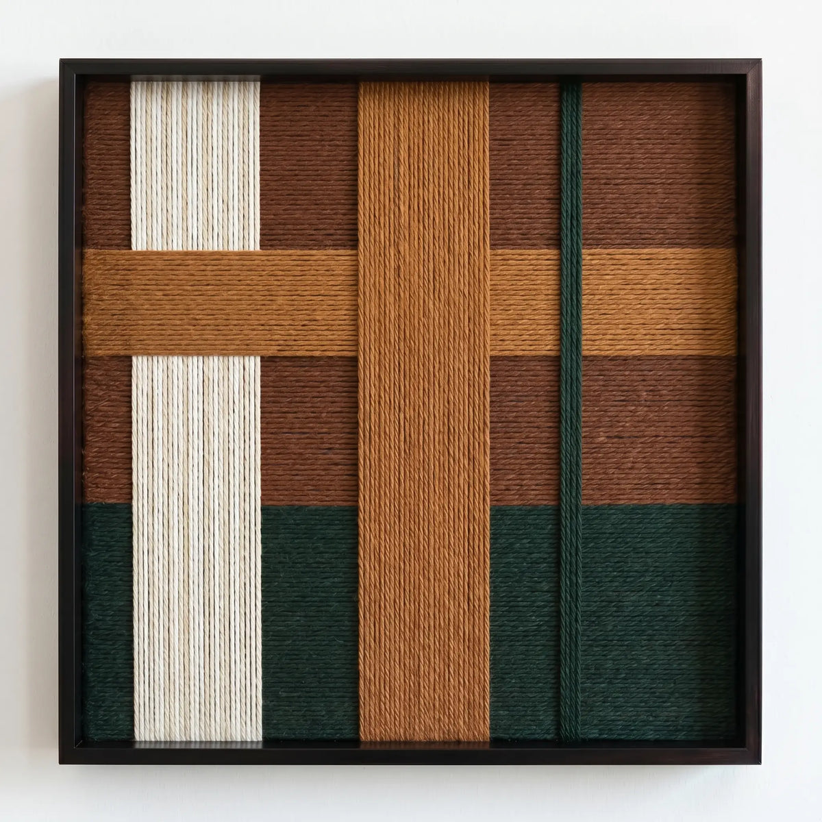 Front view of Emerald Fables SQ102 geometric yarn wall art in a black square frame on a white background.