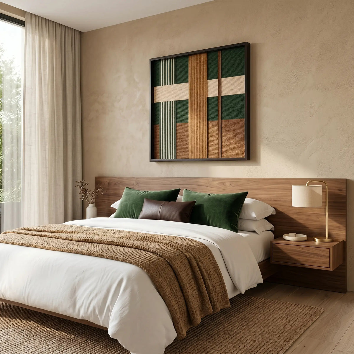 Jade Manor SQ103 forest green and brown yarn wall art displayed above a serene bedroom headboard.