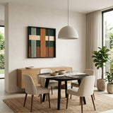 Jade Manor SQ103 earth-toned textile wall art styled in a contemporary dining room with beige chairs.